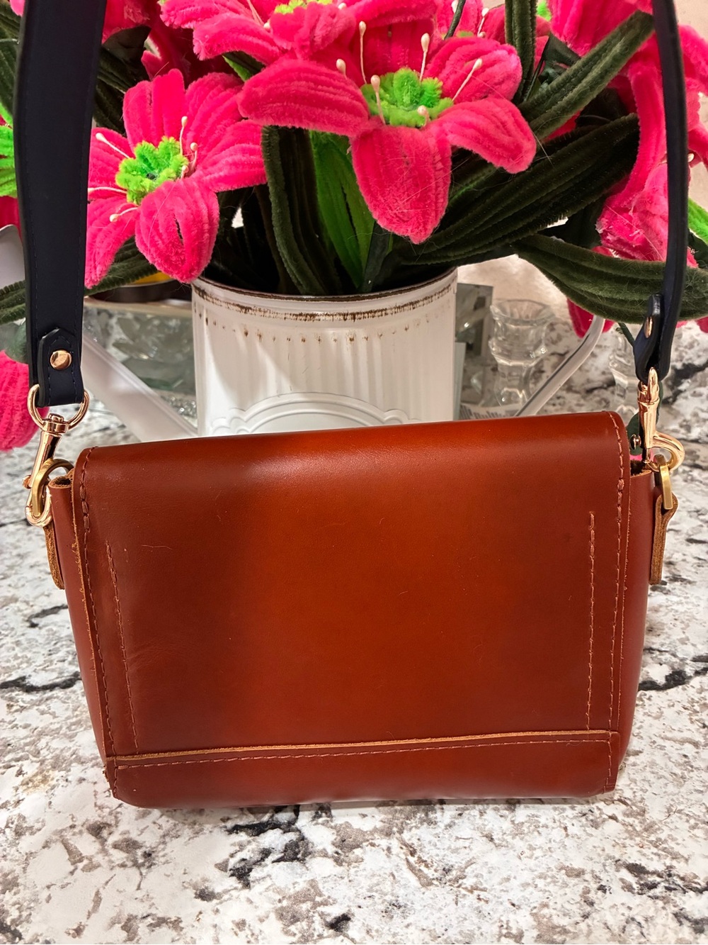 Portland Leather Cognac Shoulder Bag with Colorful Floral Bear Patch - Picture 4 of 4